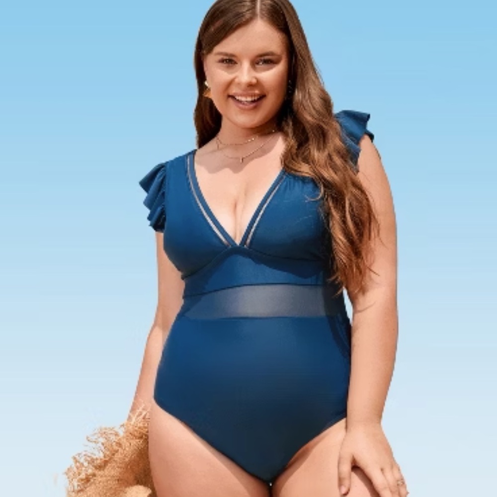 NWT Cupshe Blue Swimsuit with Ruffles and Plunge V-Neck